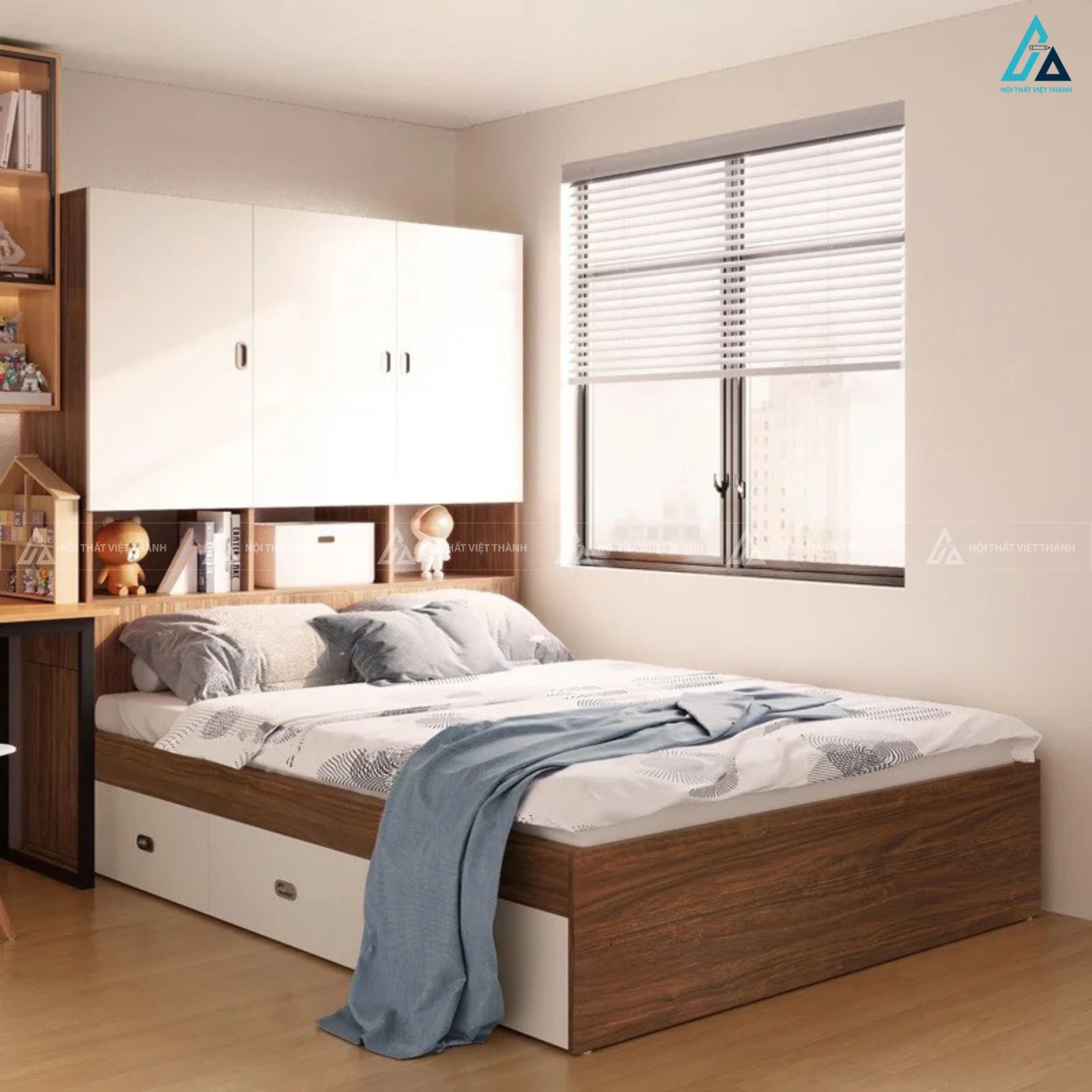 Mẫu giường ngủ gỗ công nghiệp có ngăn kéo và tủ đồ tiện ích