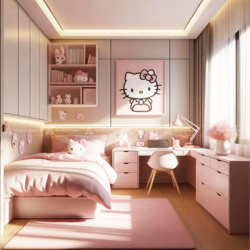 Mẫu phòng ngủ bé gái màu hồng phong cách Hello Kitty