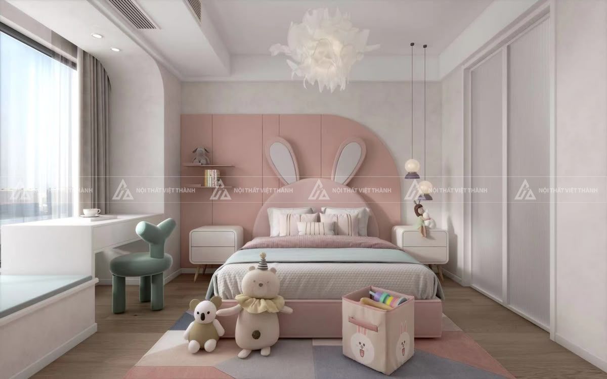 Mẫu phòng ngủ bé gái màu hồng động vật đáng yêu