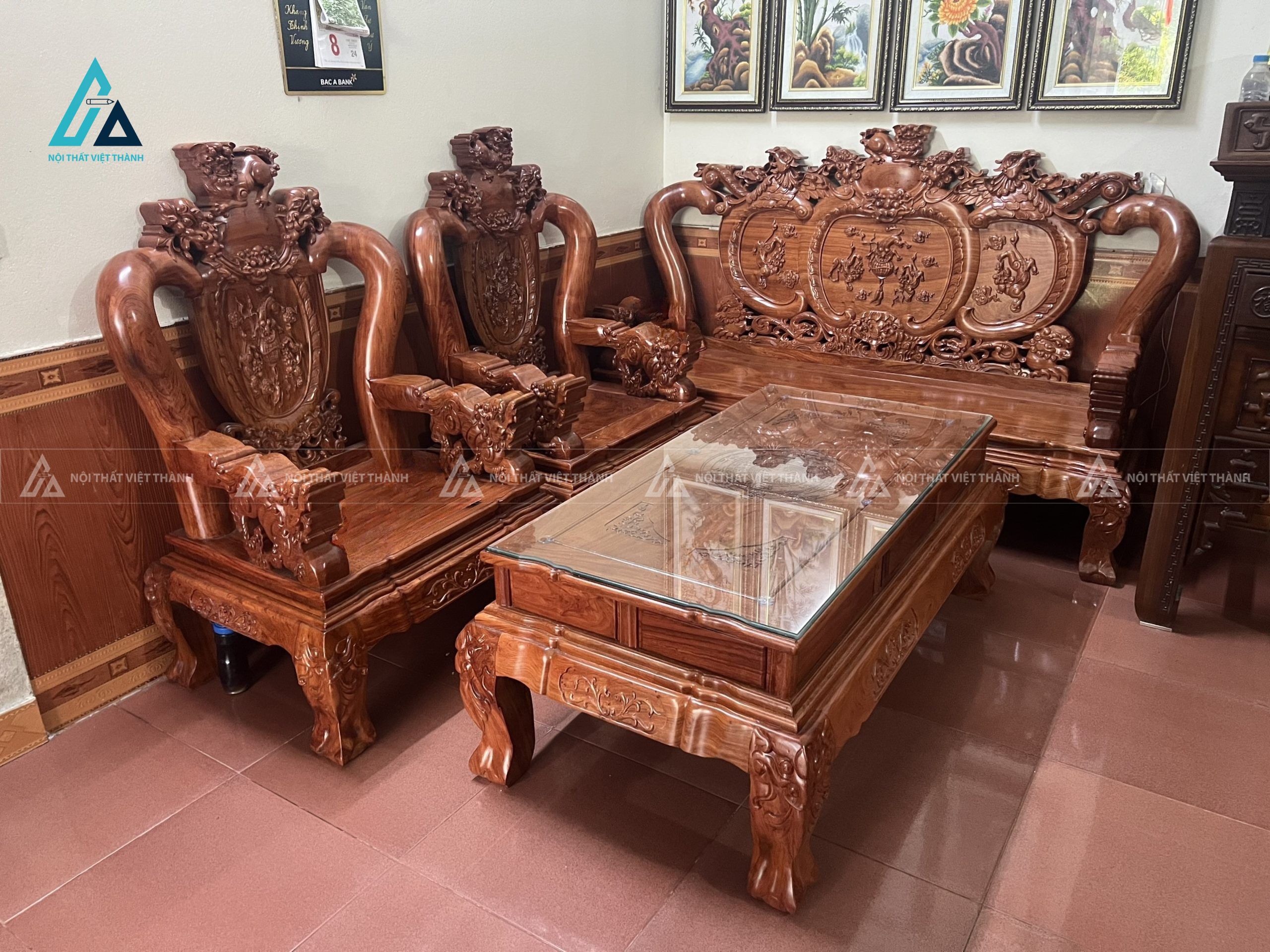 Bộ bàn ghế nghê phượng chạm khắc tinh xảo cho phòng khách