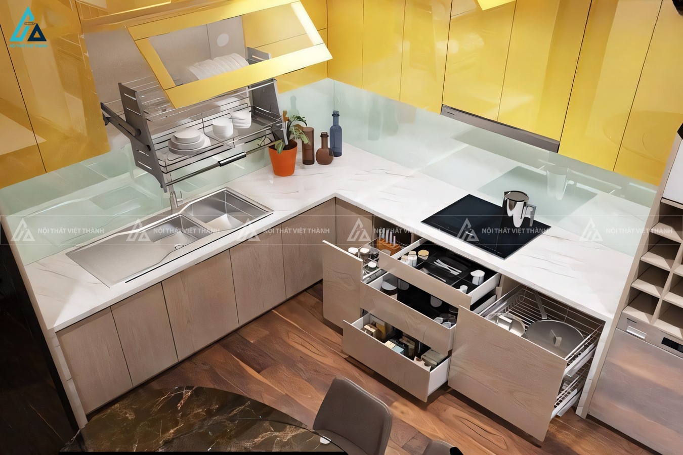 Tủ bếp acrylic bóng gương màu vàng tươi trẻ và tiện nghi 1