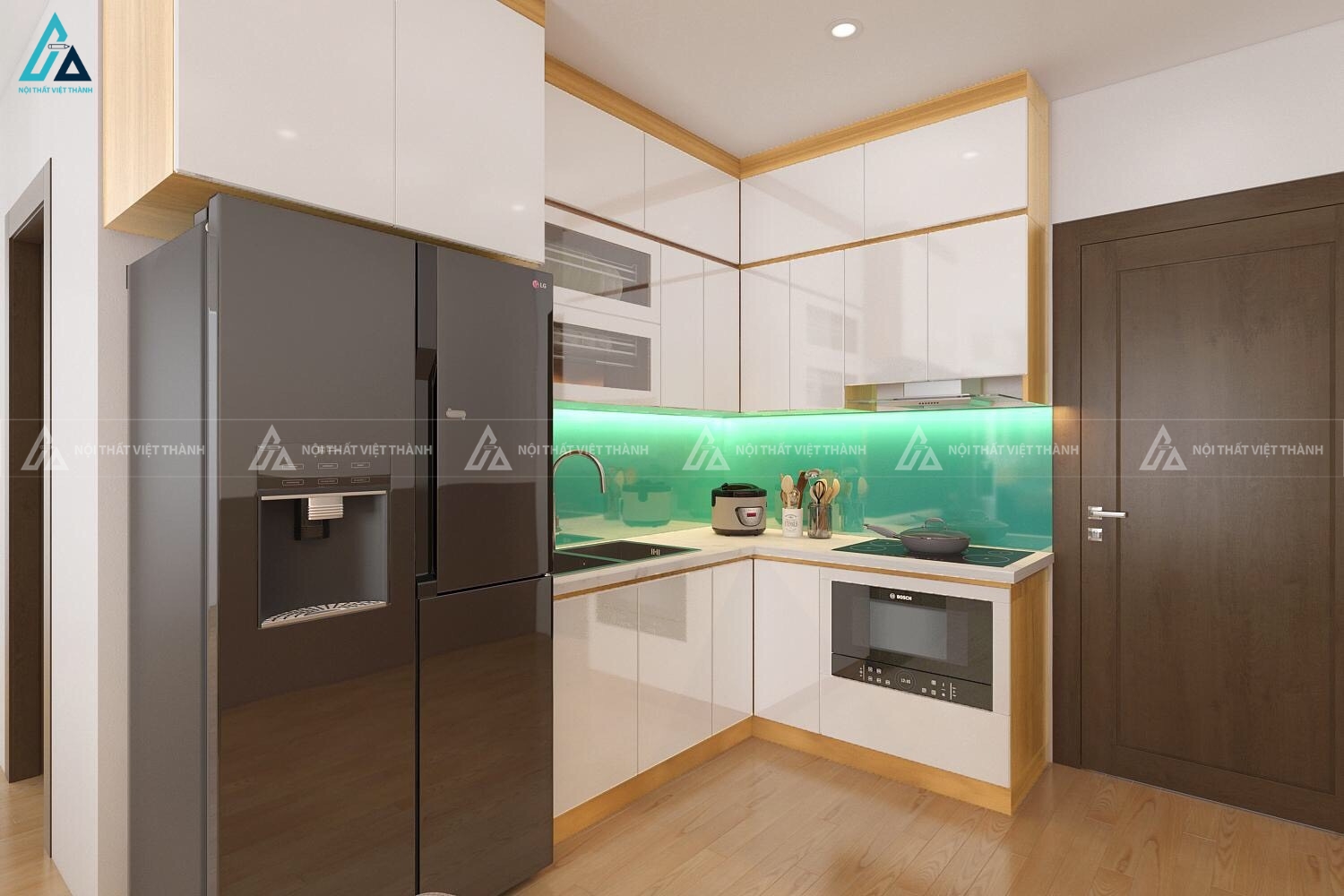 Tủ bếp acrylic trắng kết hợp vân gỗ hiện đại cho căn hộ 1