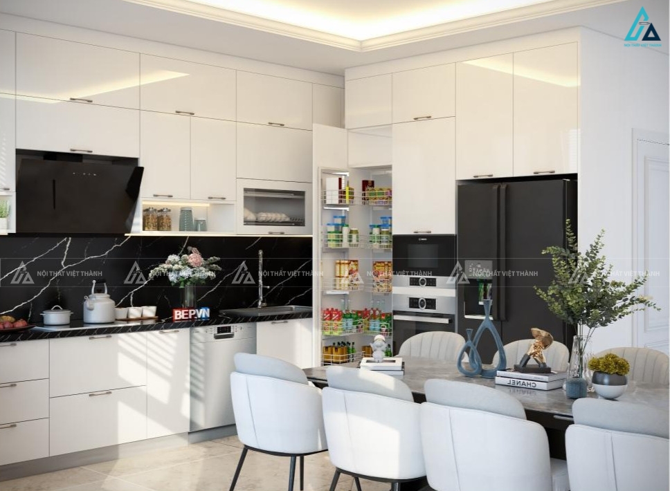 Hệ tủ bếp acrylic tích hợp thiết bị âm tủ hiện đại và thông minh 1