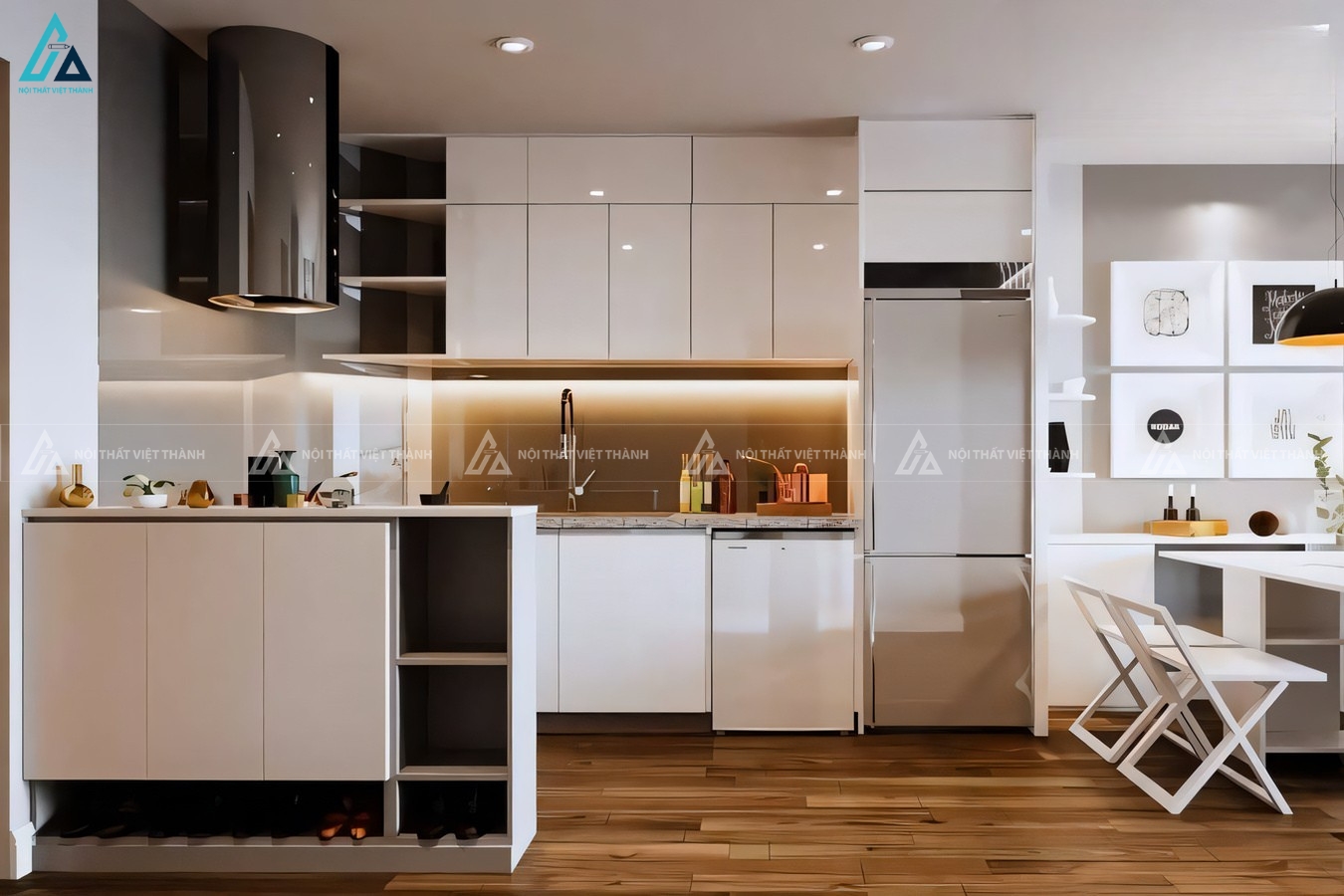 Mẫu tủ bếp chữ L acrylic bền bỉ phối màu trắng sang trọng 1