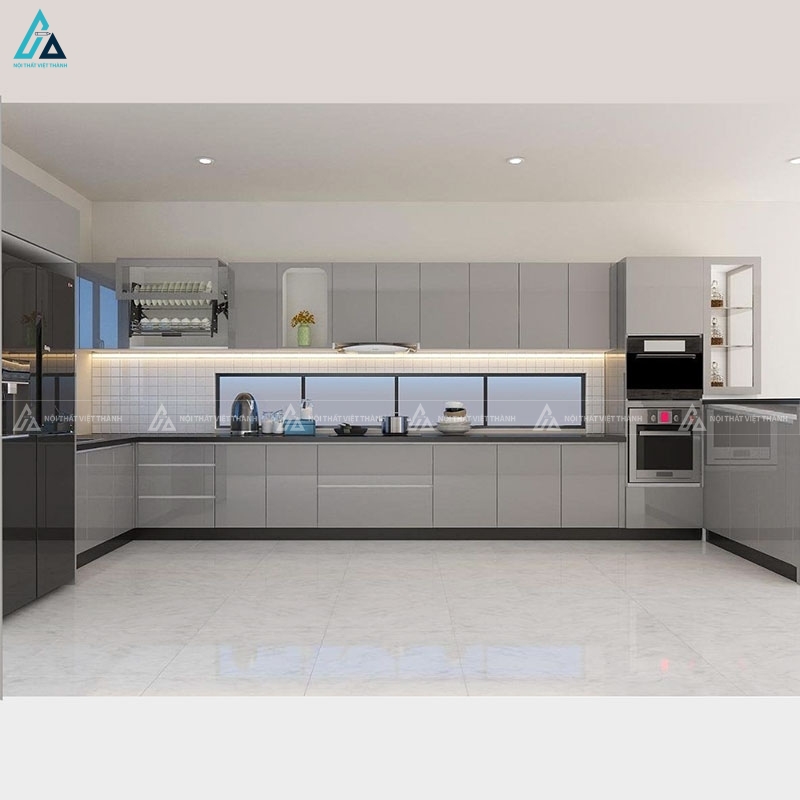 Tủ bếp acrylic màu ghi sáng thiết kế chữ u kèm bàn đảo tiện nghi 1