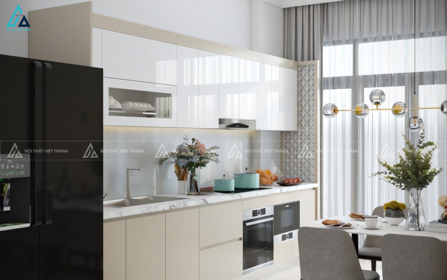 Tủ bếp acrylic bóng gương phối màu trang nhã bền đẹp theo thời gian 1