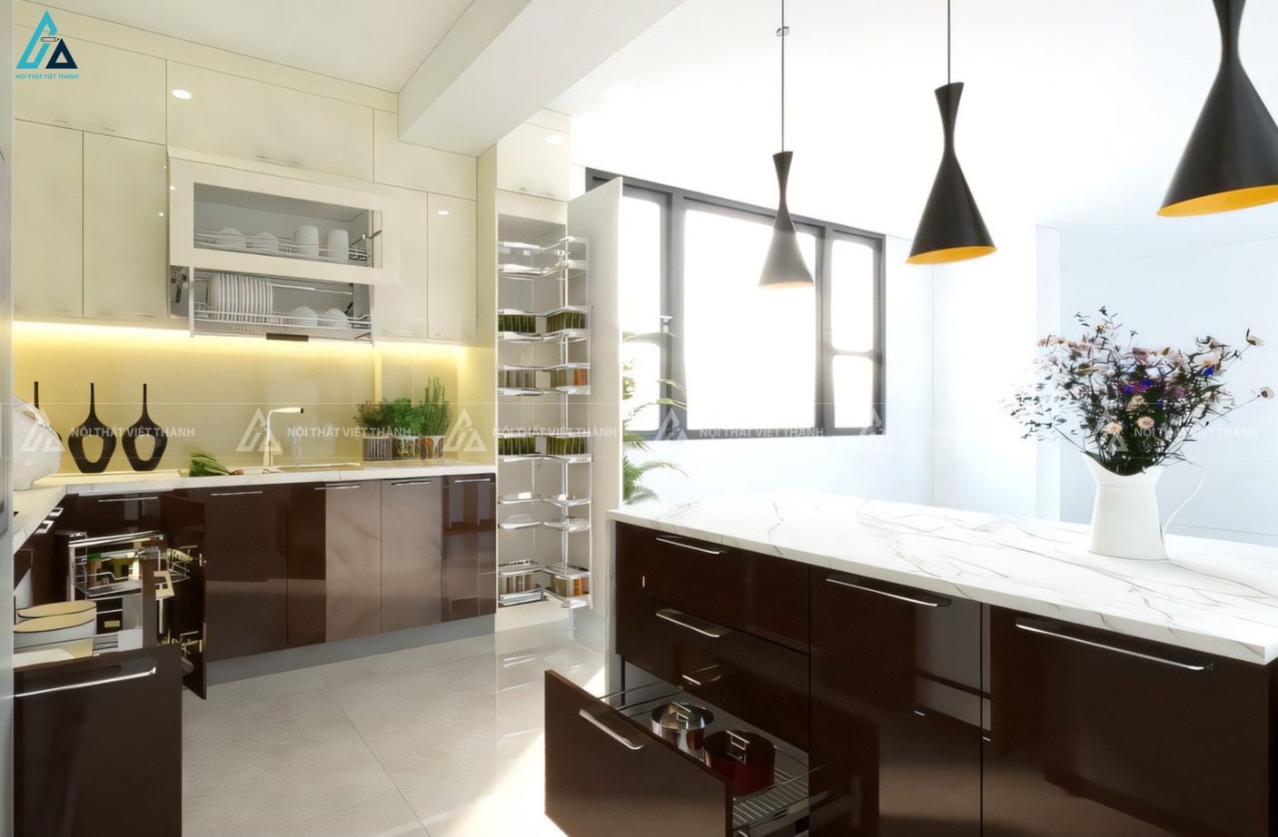 Tủ bếp acrylic hiện đại tích hợp hệ thống kệ trưng bày ấn tượng 1