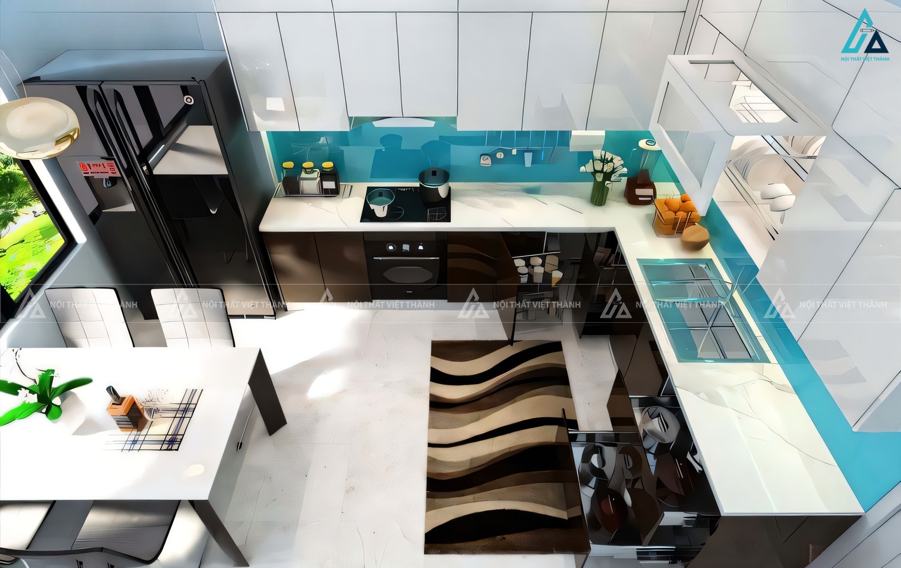 Mẫu tủ bếp acrylic bóng gương cao cấp phối kính ốp bếp xanh nổi bật 1