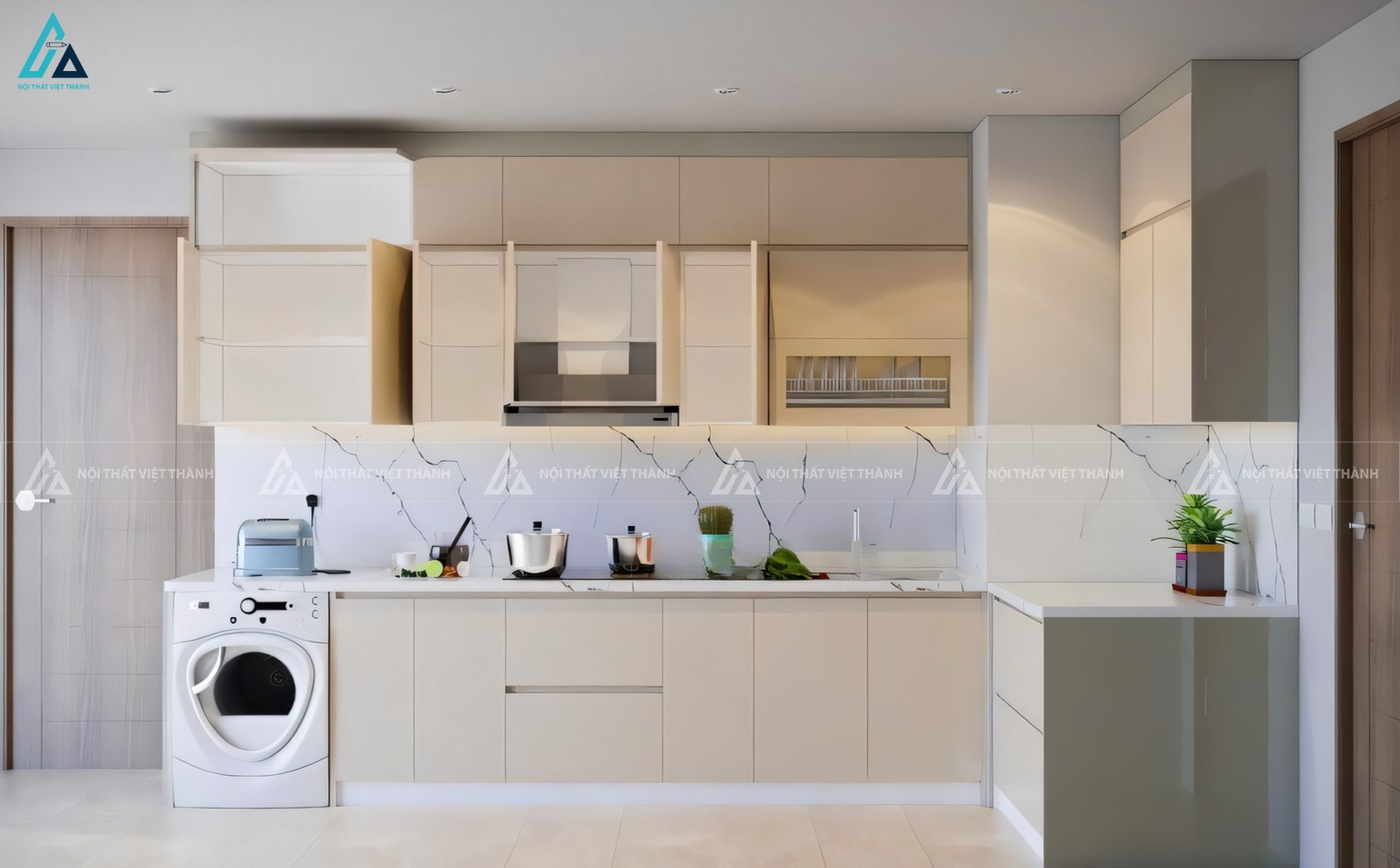 Tủ bếp acrylic màu kem hiện đại tích hợp máy giặt thông minh tiện lợi 1