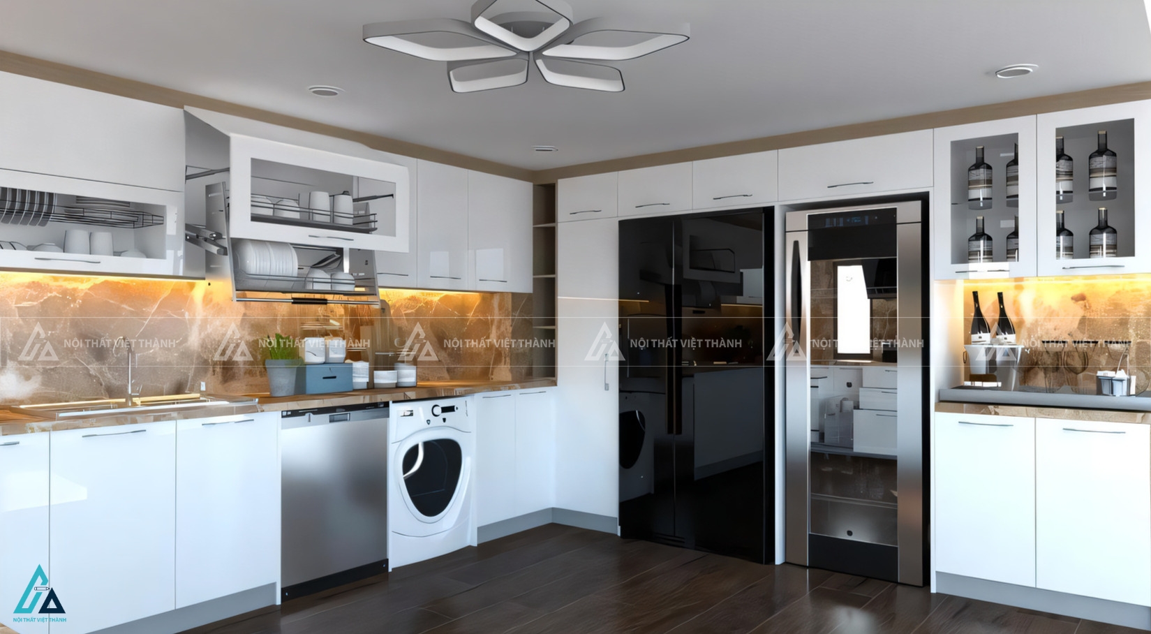 Mẫu tủ bếp acrylic chữ U đẳng cấp phối vân đá tự nhiên đầy ấn tượng 1