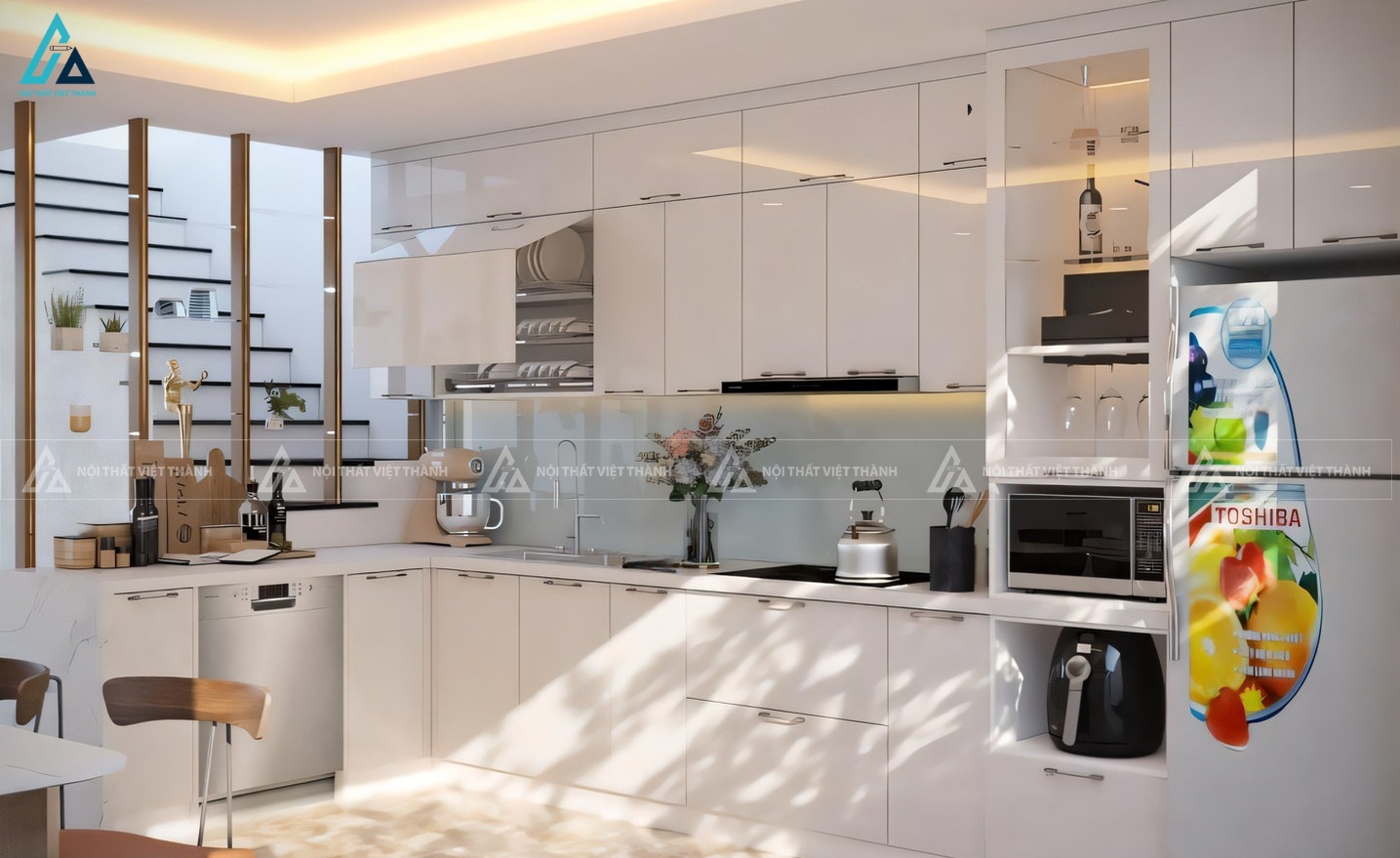 Mẫu tủ bếp acrylic trắng tinh tế tích hợp kệ rượu trang trí 1
