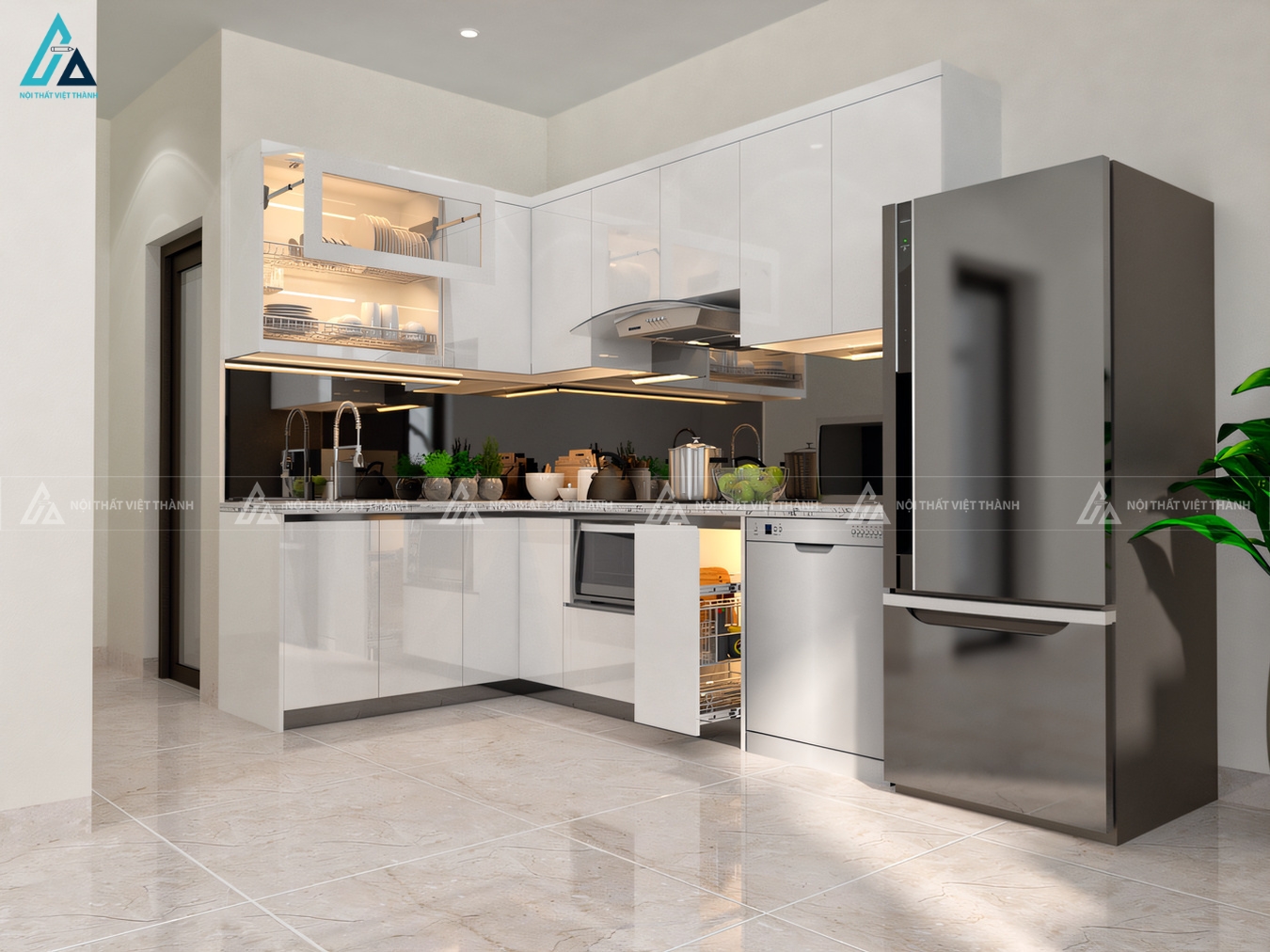 Mẫu tủ bếp chữ L phủ acrylic hiện đại tối ưu công năng sử dụng 1