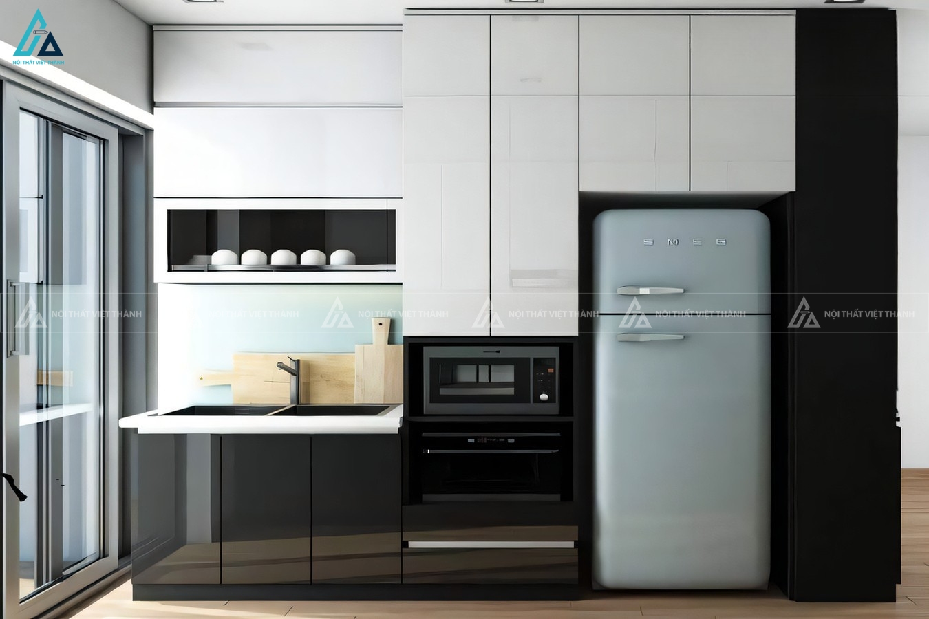 Tủ bếp acrylic hiện đại phối màu trắng đen đẳng cấp thời thượng 1