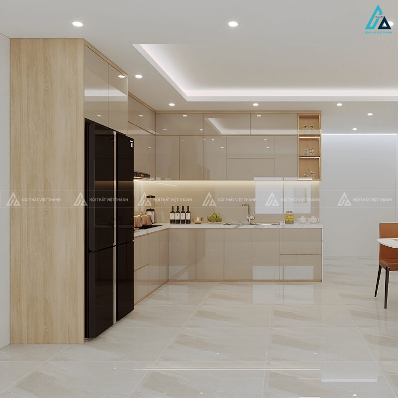 Tủ bếp acrylic màu kem nhẹ nhàng thiết kế chữ L sang trọng hiện đại 1