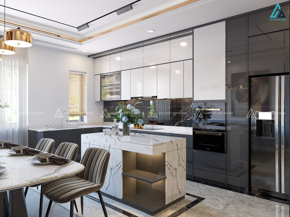 Tủ bếp acrylic chữ L phối đảo bếp đá vân mây sang trọng đẳng cấp 2