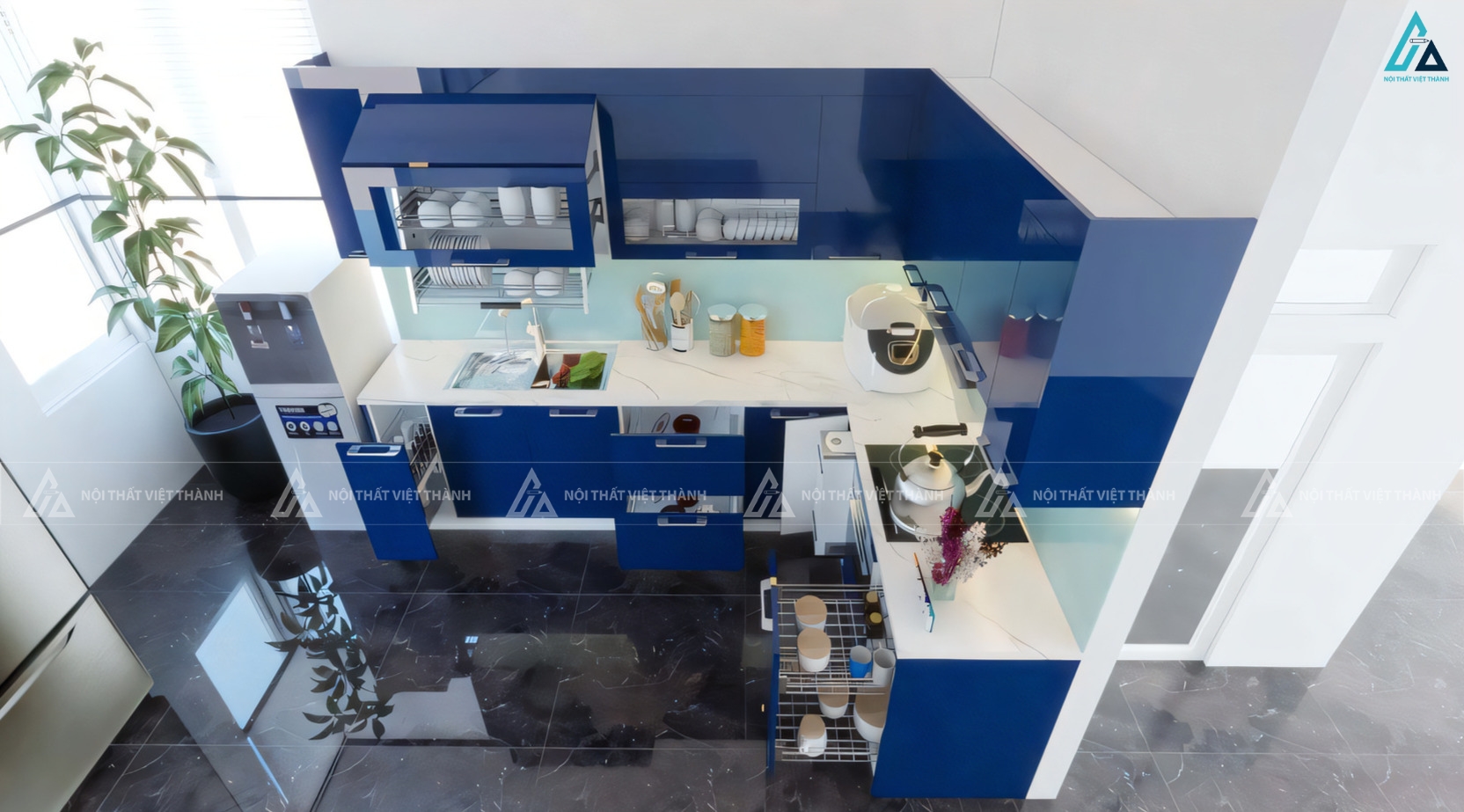 Tủ bếp acrylic xanh dương đậm sang trọng tạo điểm nhấn thu hút 2