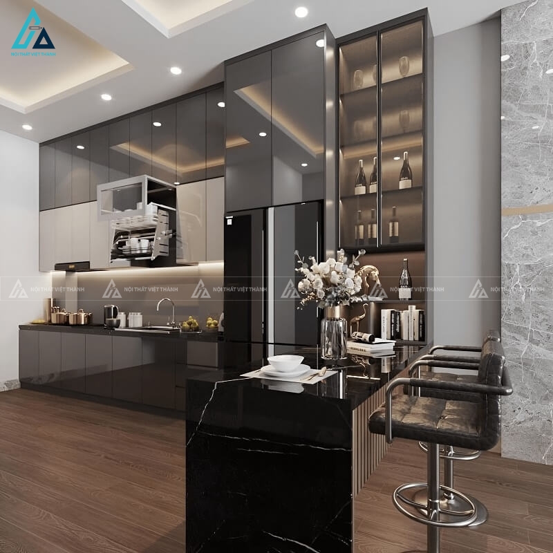 Hệ tủ bếp acrylic bóng gương thiết kế kịch trần tối ưu diện tích 1