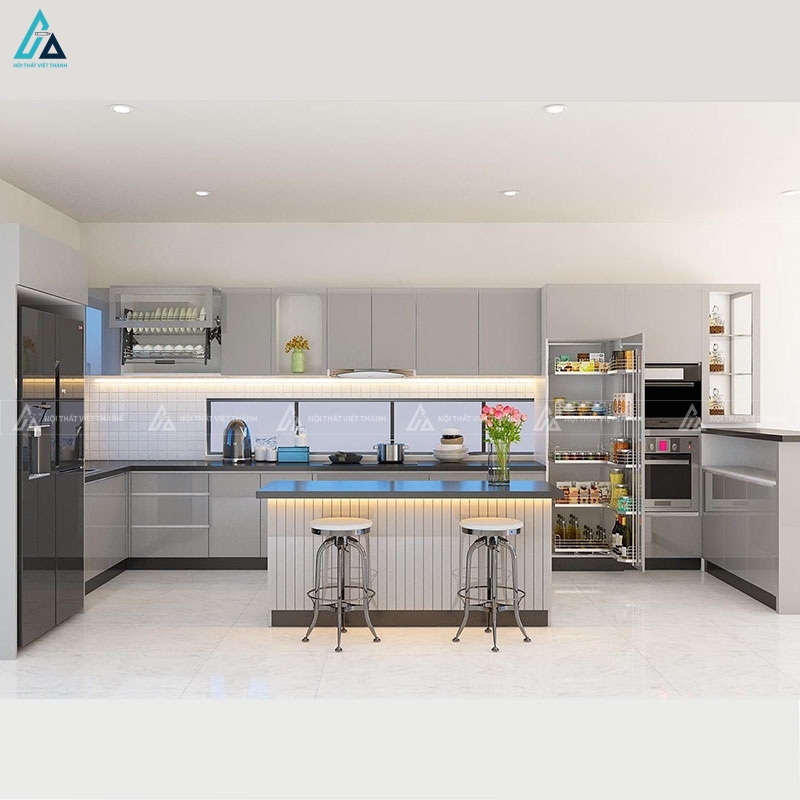 Tủ bếp acrylic màu ghi sáng thiết kế chữ u kèm bàn đảo tiện nghi