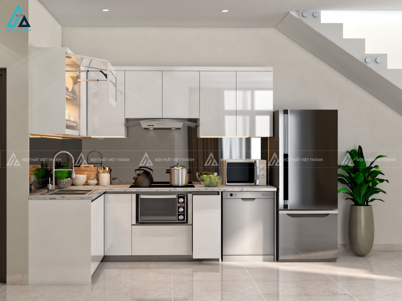Mẫu tủ bếp chữ L phủ acrylic hiện đại tối ưu công năng sử dụng