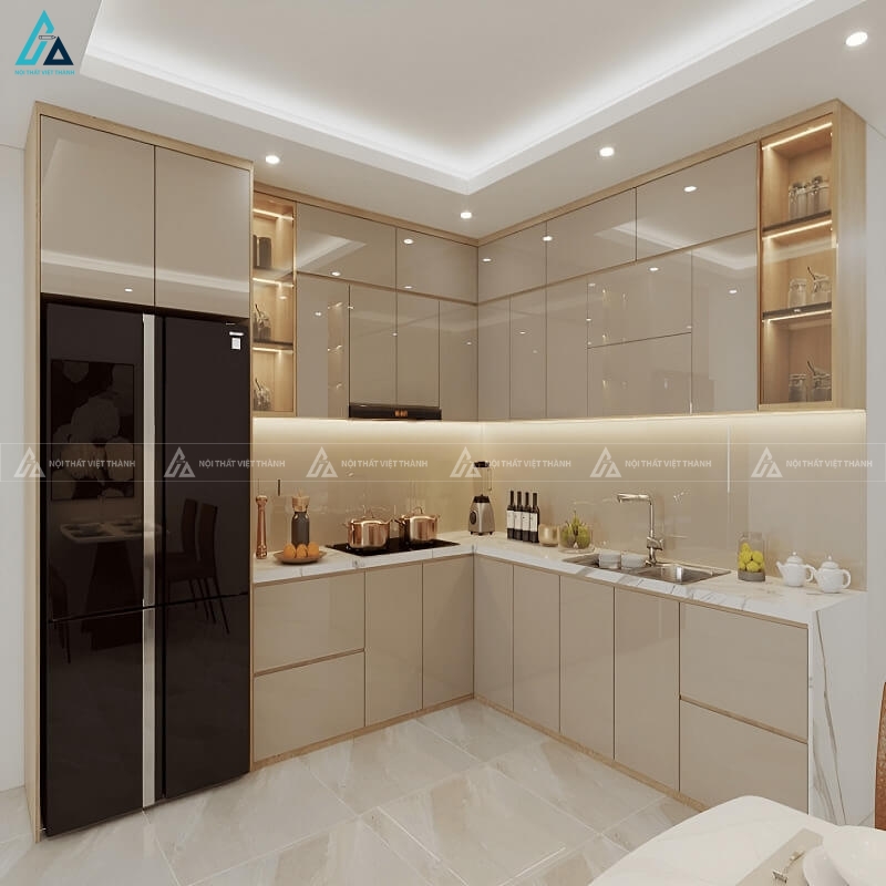 Tủ bếp acrylic màu kem nhẹ nhàng thiết kế chữ L sang trọng hiện đại
