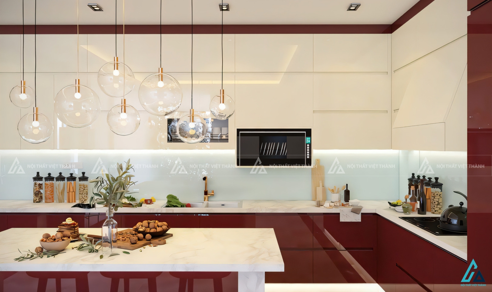 Tủ bếp acrylic màu đỏ đô sang trọng kết hợp bàn đảo đẳng cấp 2