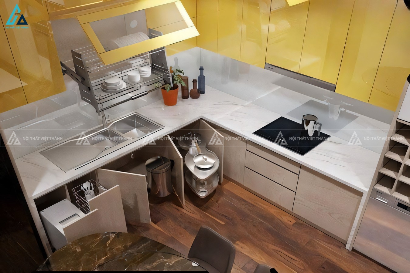 Tủ bếp acrylic bóng gương màu vàng tươi trẻ và tiện nghi 2