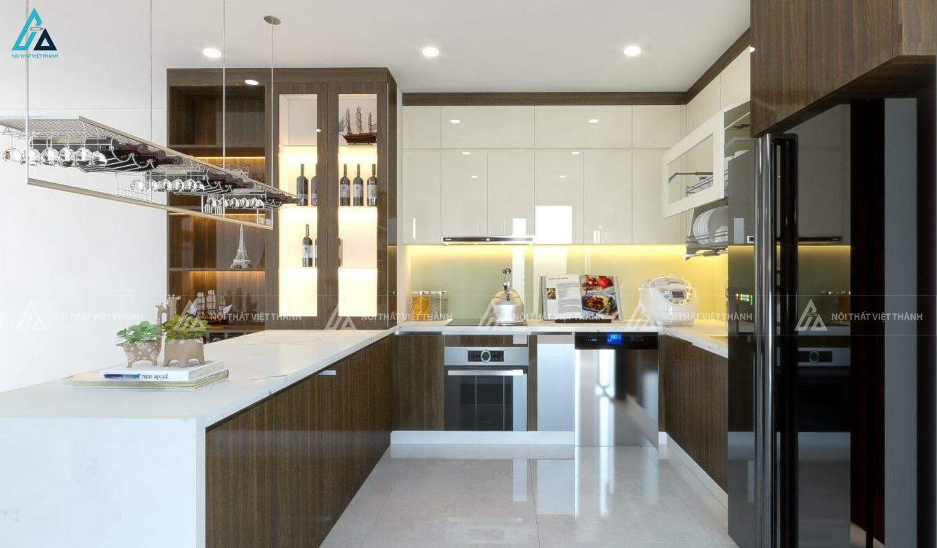Mẫu tủ bếp acrylic thông minh với kệ trưng bày rượu đẳng cấp quý tộc