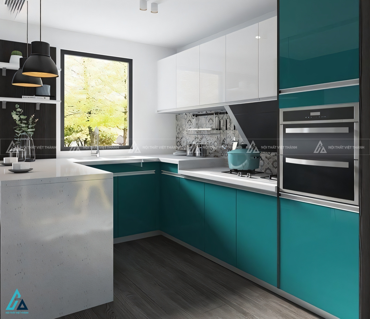 Mẫu tủ bếp chữ U acrylic bền đẹp tối ưu không gian nhà bếp tiện nghi