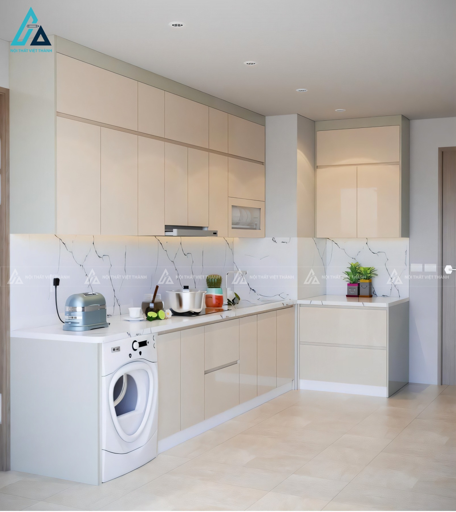Tủ bếp acrylic màu kem hiện đại tích hợp máy giặt thông minh tiện lợi 2
