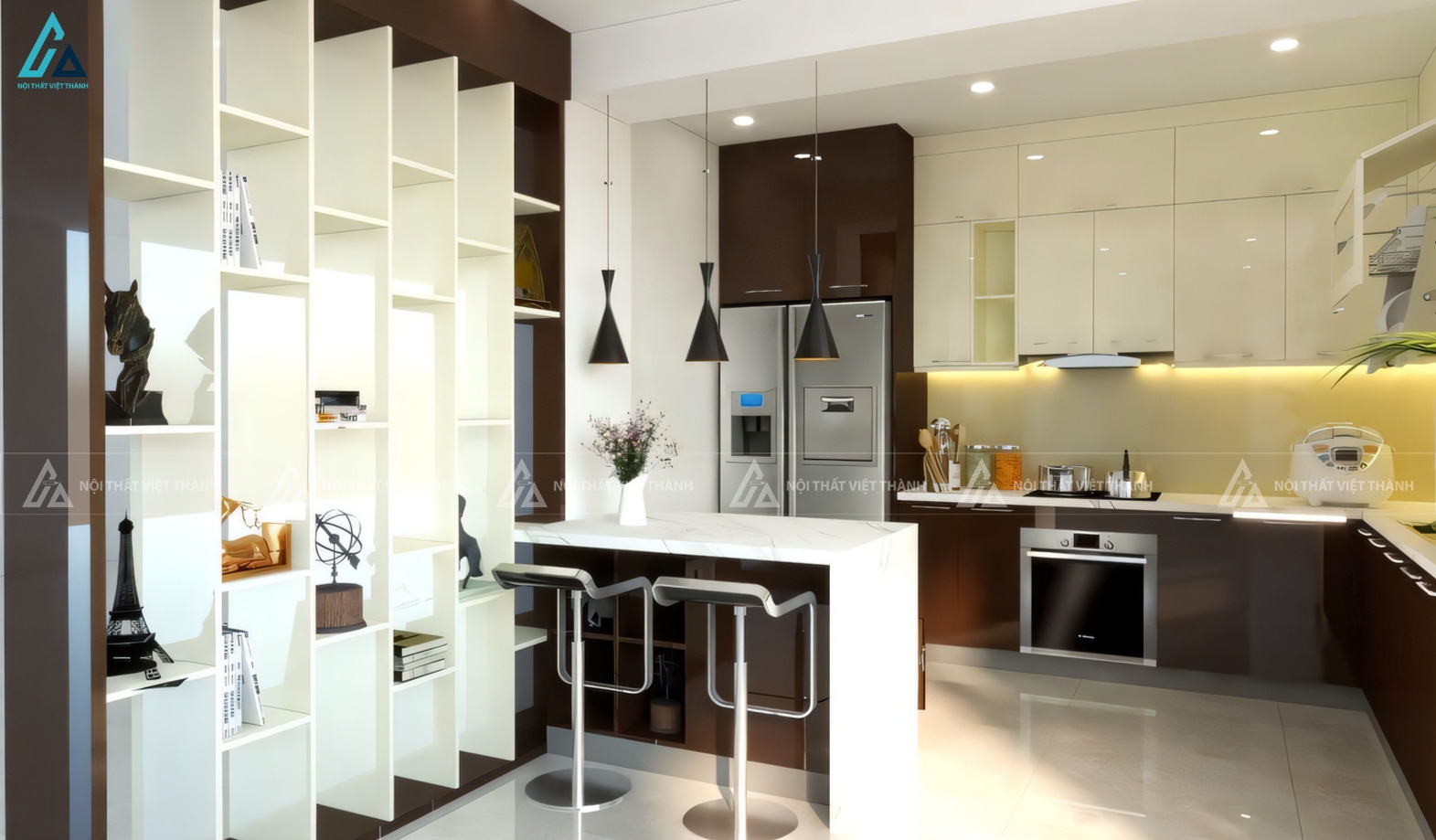 Tủ bếp acrylic hiện đại tích hợp hệ thống kệ trưng bày ấn tượng 3