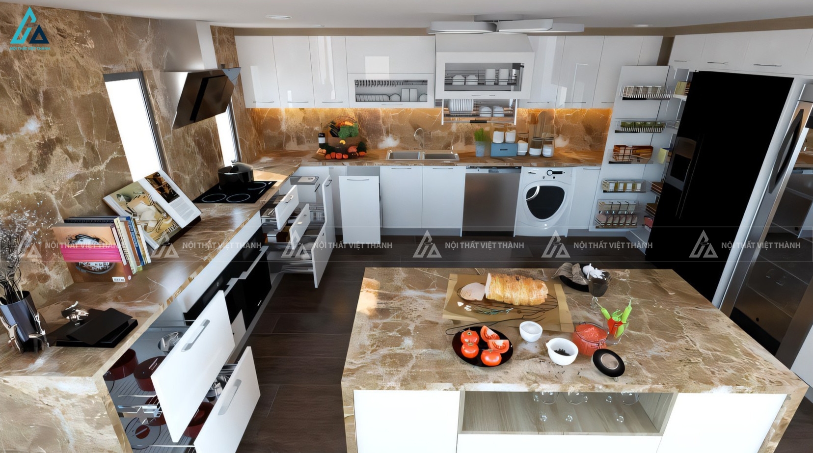 Mẫu tủ bếp acrylic chữ U đẳng cấp phối vân đá tự nhiên đầy ấn tượng 2
