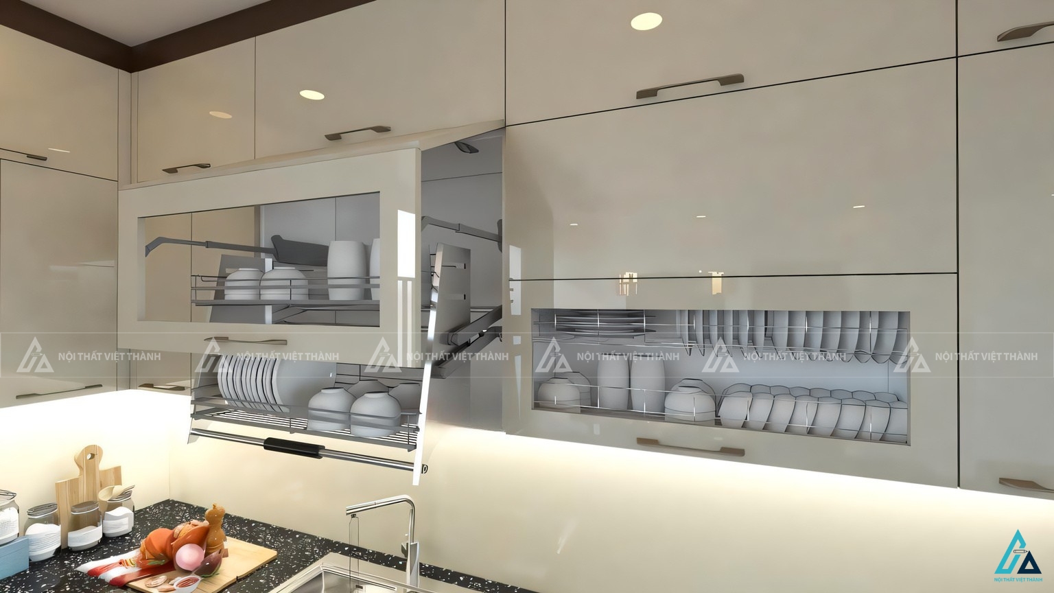 Tủ bếp acrylic bóng gương phối màu trang nhã bền đẹp theo thời gian 2
