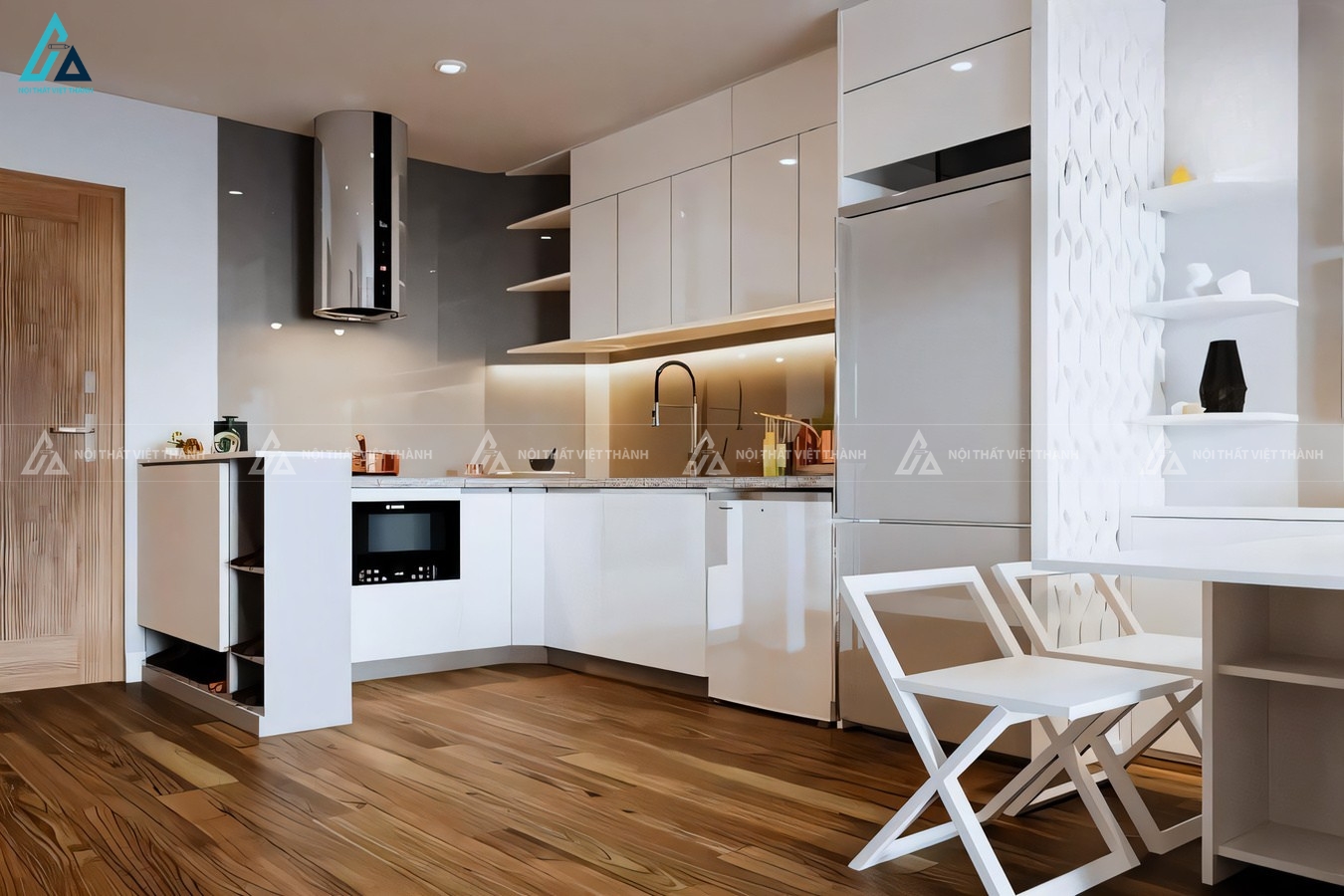 Mẫu tủ bếp chữ L acrylic bền bỉ phối màu trắng sang trọng 2