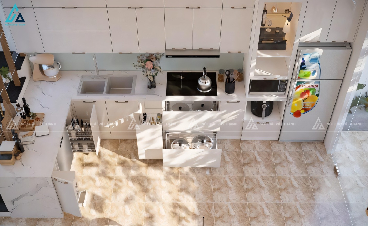 Mẫu tủ bếp acrylic trắng tinh tế tích hợp kệ rượu trang trí 2