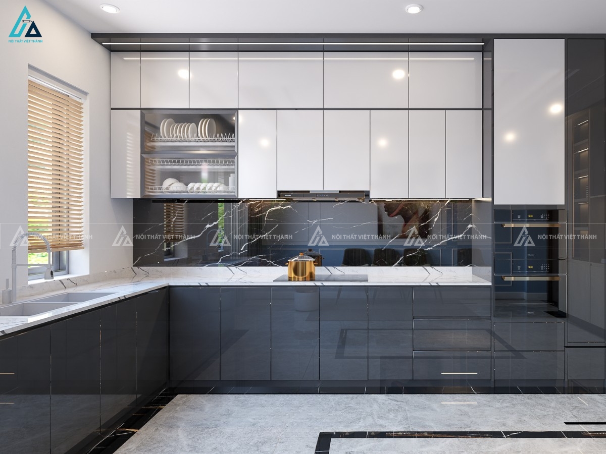 Tủ bếp acrylic chữ L phối đảo bếp đá vân mây sang trọng đẳng cấp 1