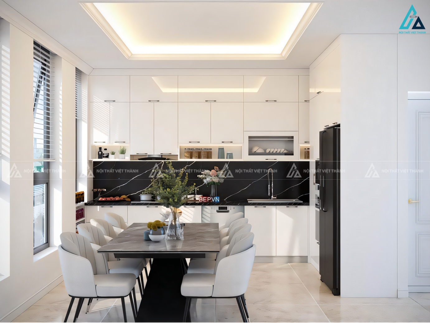 Hệ tủ bếp acrylic tích hợp thiết bị âm tủ hiện đại và thông minh 2