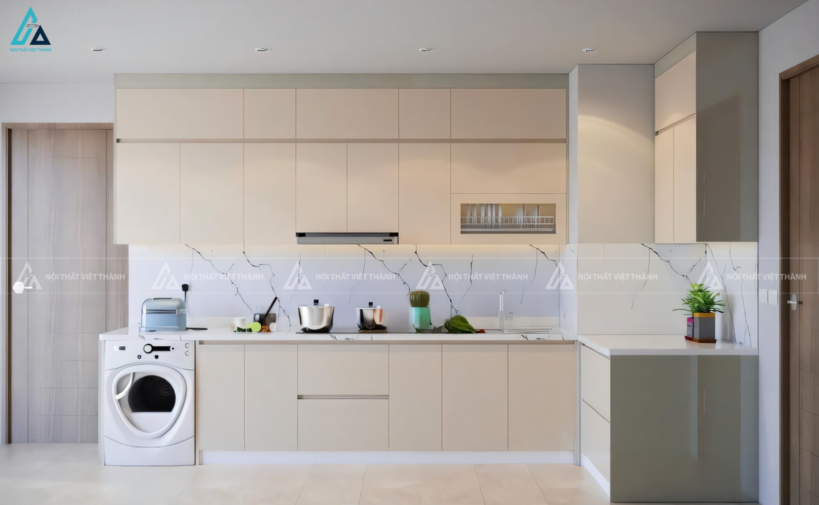 Tủ bếp acrylic màu kem hiện đại tích hợp máy giặt thông minh tiện lợi