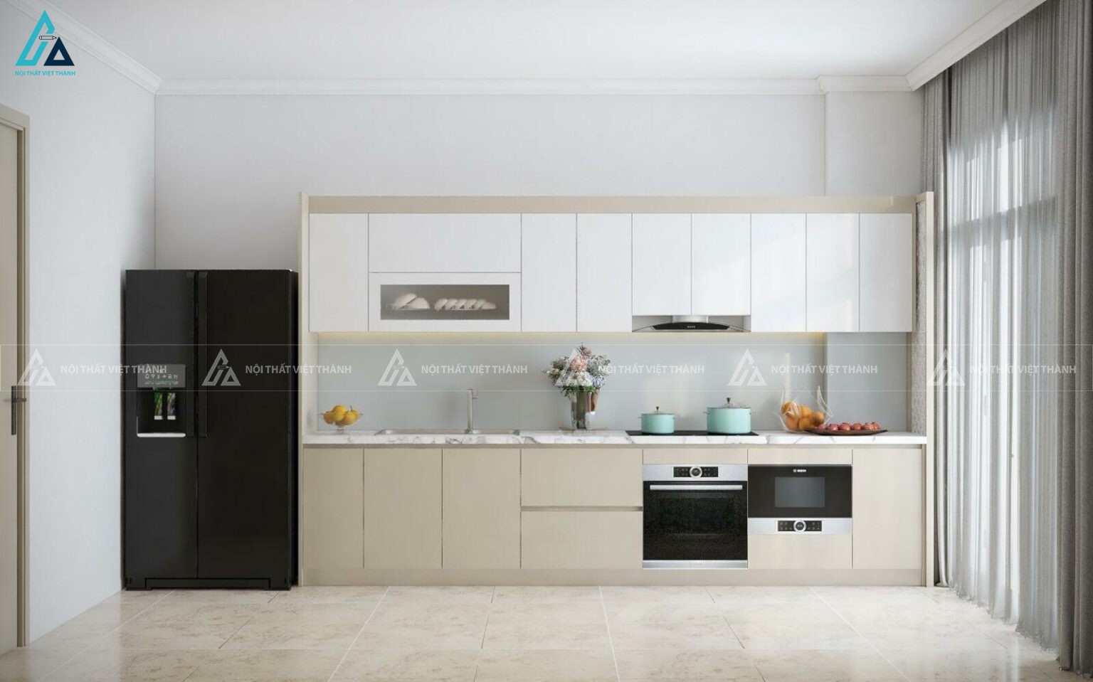 Tủ bếp acrylic bóng gương phối màu trang nhã bền đẹp theo thời gian