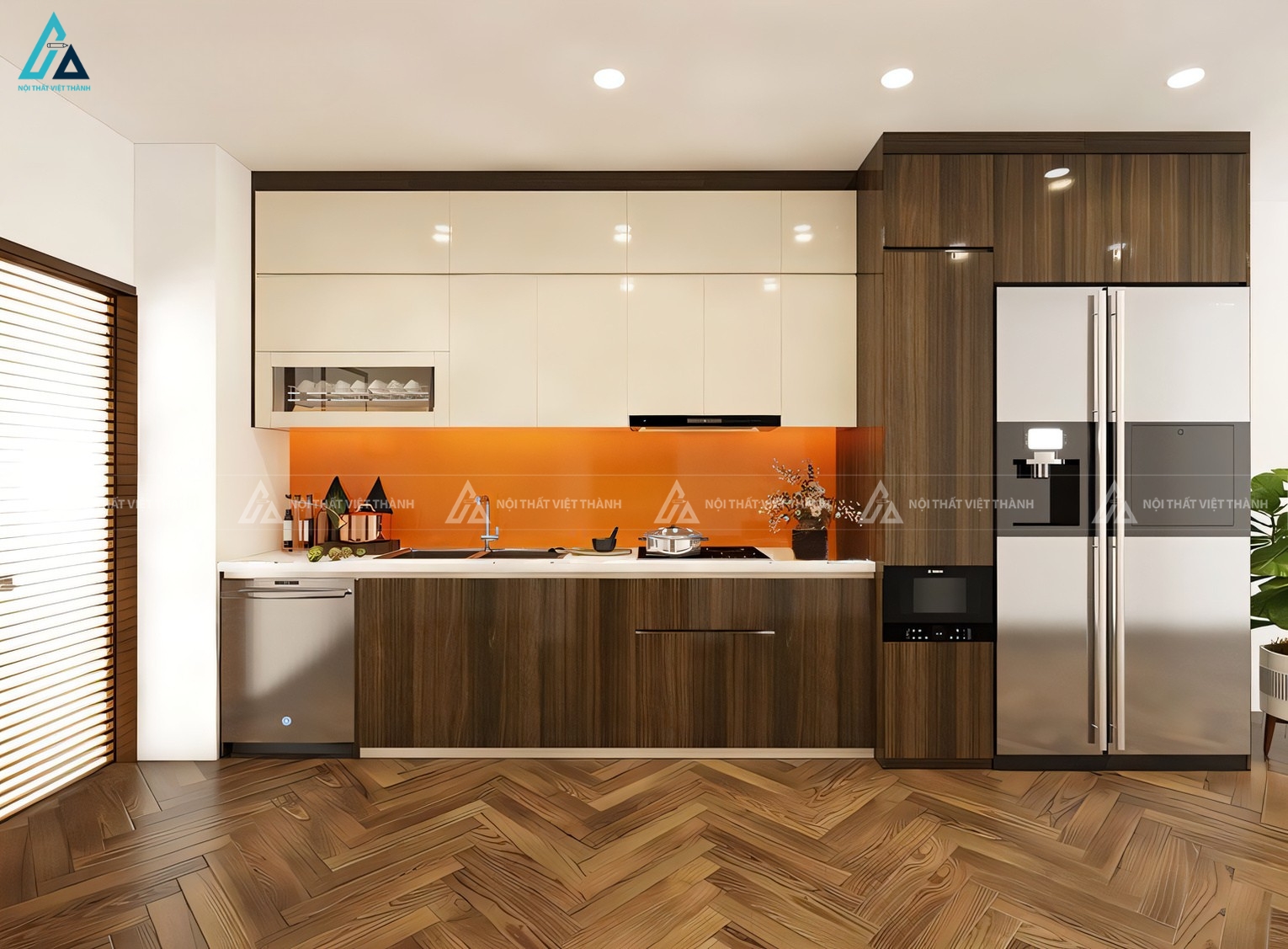 Mẫu tủ bếp acrylic bóng gương cao cấp phối kính ốp bếp cam nổi bật