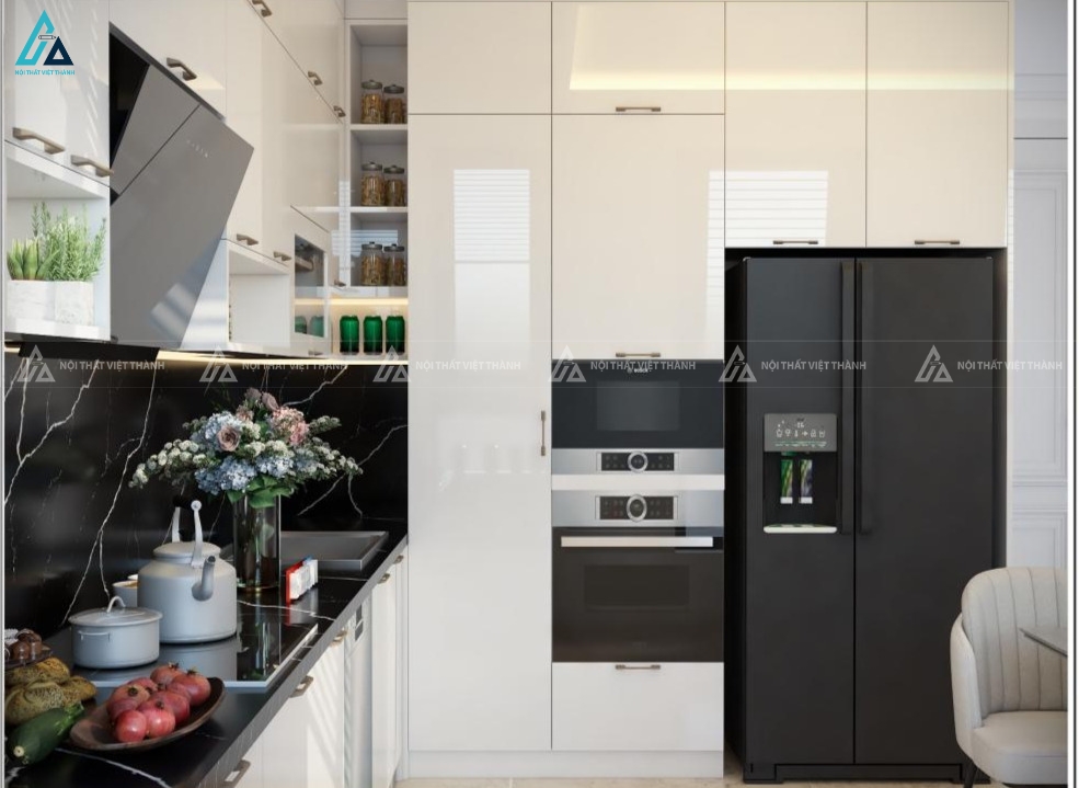 Hệ tủ bếp acrylic tích hợp thiết bị âm tủ hiện đại và thông minh