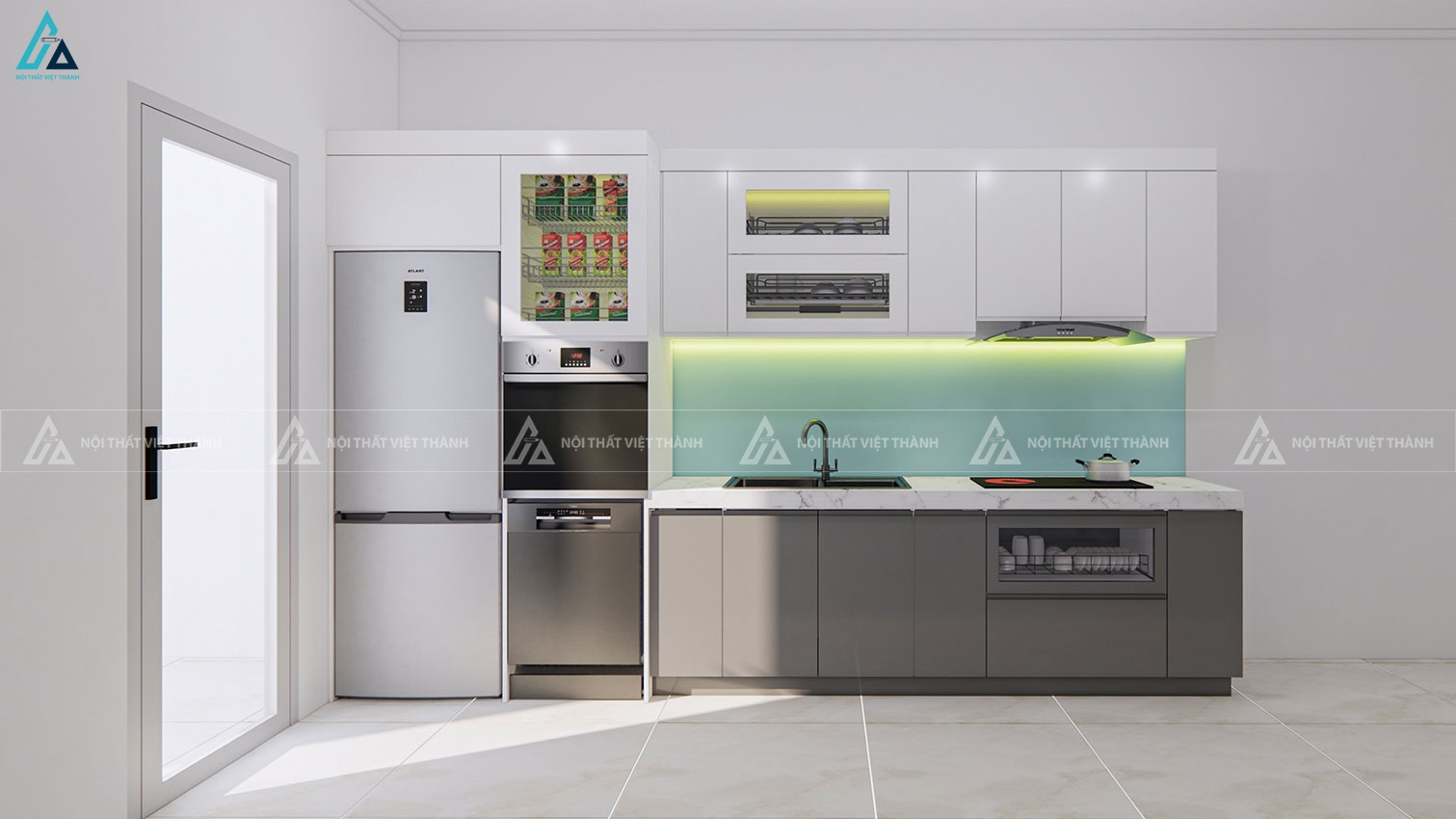 Hệ tủ bếp acrylic hiện đại tích hợp thiết bị âm tủ đa năng
