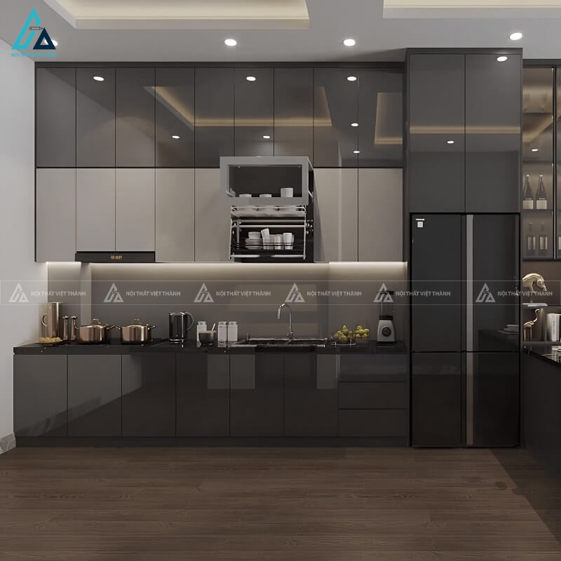 Hệ tủ bếp acrylic bóng gương thiết kế kịch trần tối ưu diện tích