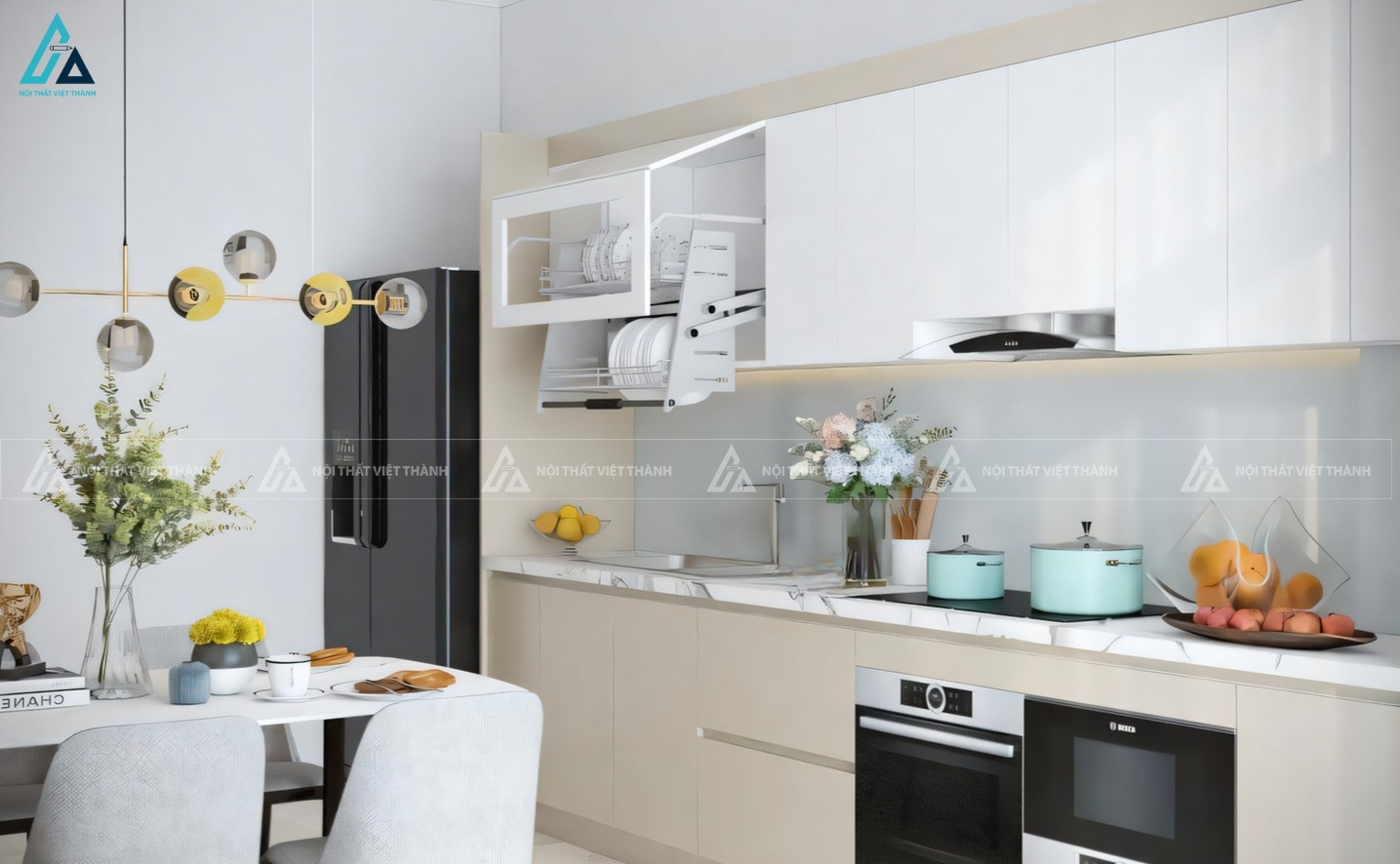 Tủ bếp acrylic bóng gương phối màu trang nhã bền đẹp theo thời gian 3