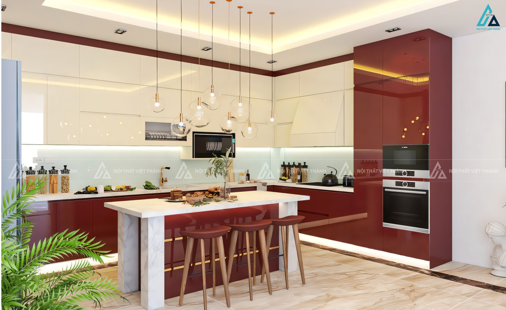 Tủ bếp acrylic màu đỏ đô sang trọng kết hợp bàn đảo đẳng cấp 3