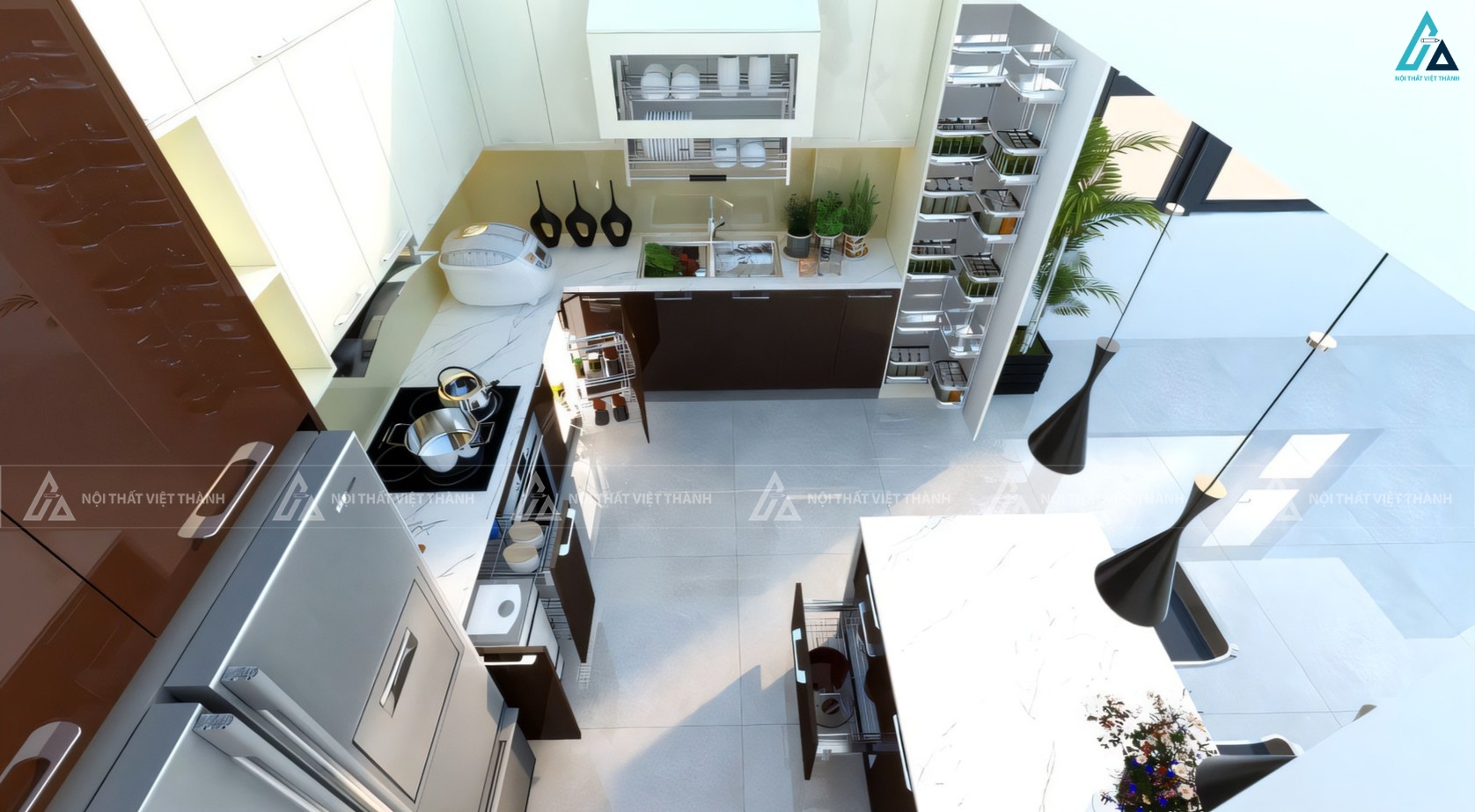 Tủ bếp acrylic hiện đại tích hợp hệ thống kệ trưng bày ấn tượng 2