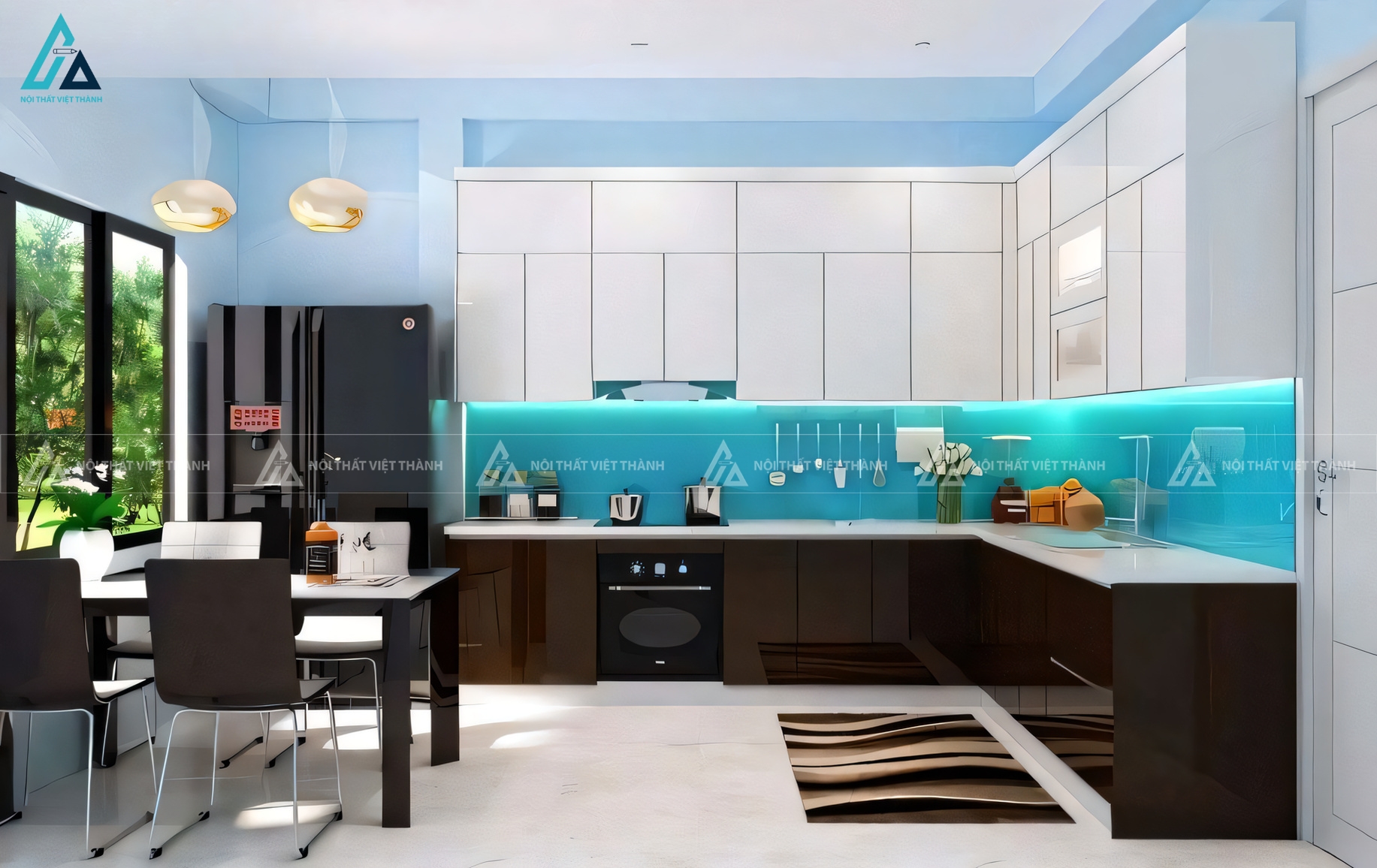 Mẫu tủ bếp acrylic bóng gương cao cấp phối kính ốp bếp xanh nổi bật