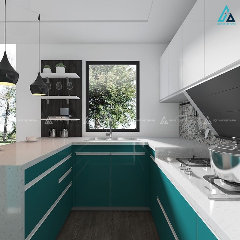 Mẫu tủ bếp chữ U acrylic bền đẹp tối ưu không gian nhà bếp tiện nghi 1