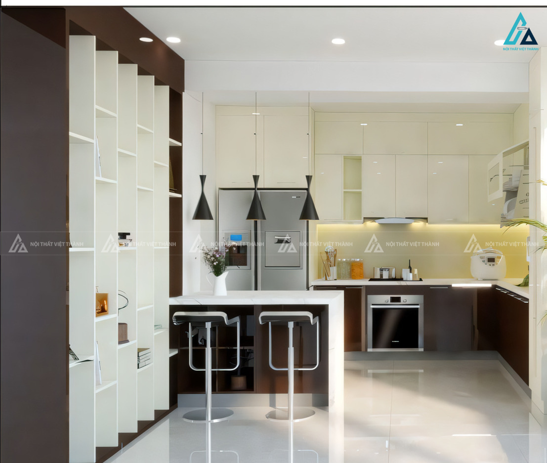 Tủ bếp acrylic hiện đại tích hợp hệ thống kệ trưng bày ấn tượng