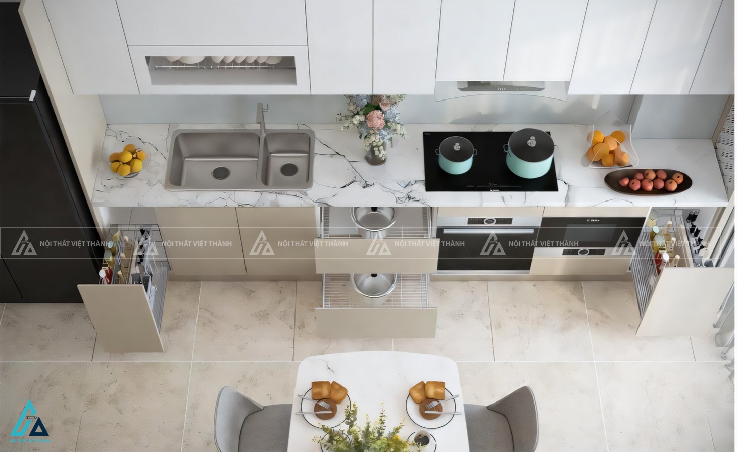 Tủ bếp acrylic bóng gương phối màu trang nhã bền đẹp theo thời gian 4
