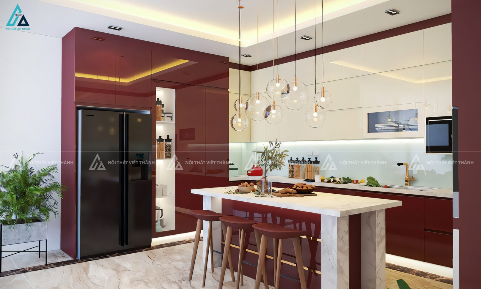 Tủ bếp acrylic màu đỏ đô sang trọng kết hợp bàn đảo đẳng cấp